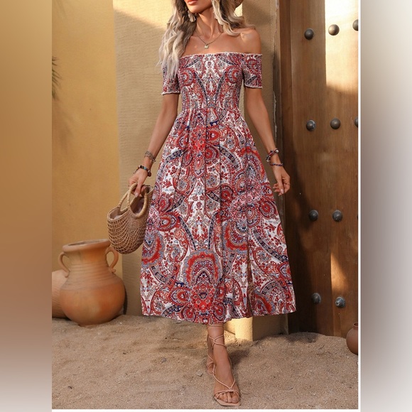 Boho Paisley Off Shoulder Split Thigh Dress - Picture 1 of 6